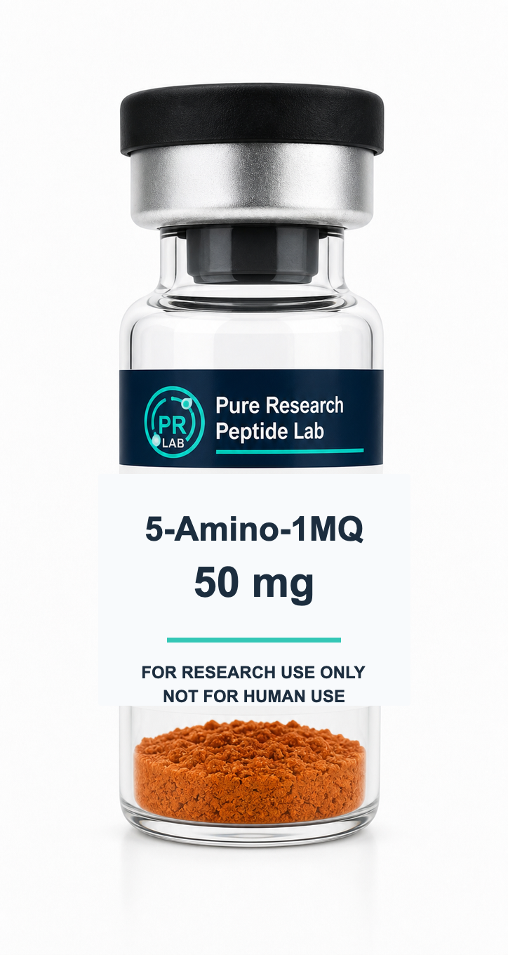 5-Amino-1MQ 50 mg Pure Research Peptide Lab vial with orange powder